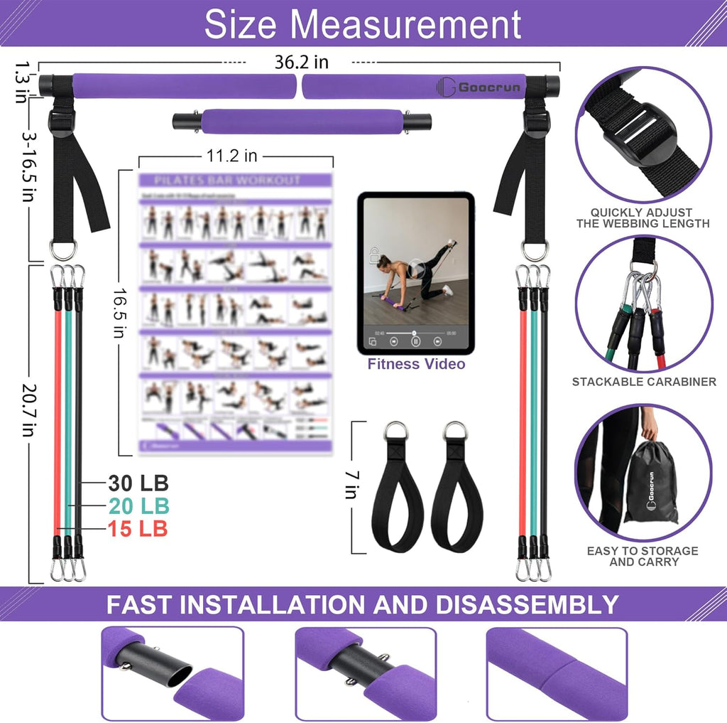 Portable Pilates Bar Kit with Resistance Bands - Complete Home Gym System for Full-Body Workouts - Includes Fitness Poster and Instructional Video