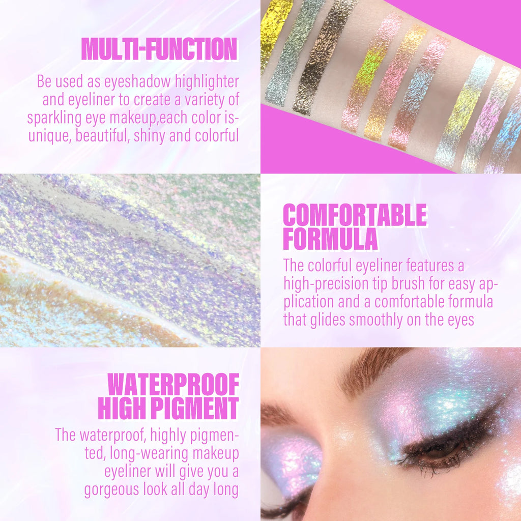 JUR MORNIER 3-Piece Duochrome Liquid Eyeshadow Set - High Pigment, Waterproof, Multi-Use Eyeliner, Highlighter, and Eye Shadow Glitter
