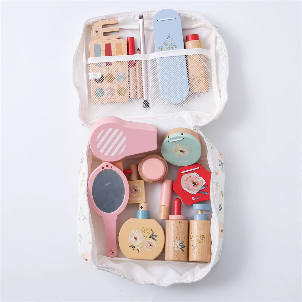 Wooden Pretend Play Makeup Set for Children - Simulation Cosmetics and Hairdressing Toys for Preschoolers