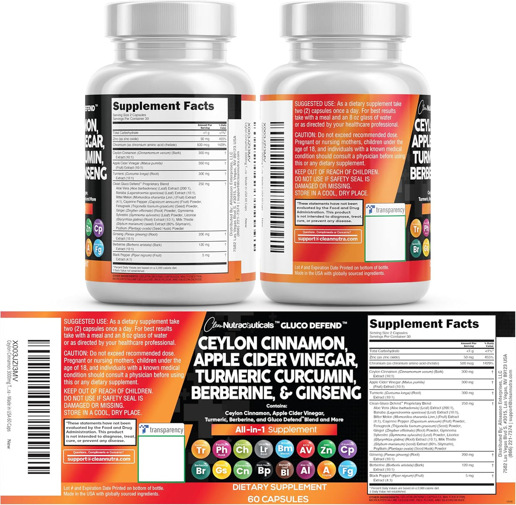 Ceylon Cinnamon Capsules + Berberine Turmeric Apple Cider Vinegar Ginseng Bitter Melon Gymnema Milk Thistle Fenugreek Supplement (60 Count (Pack of 2))