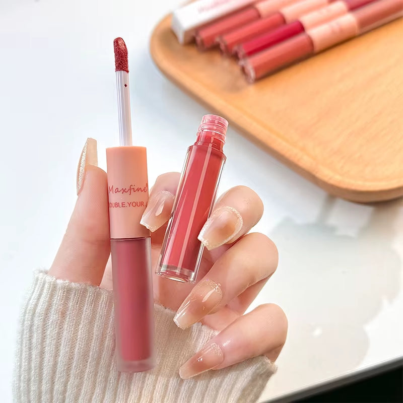 Double-Ended Lip Glaze: Full Gloss and Matte Velvet Finish for Long-Lasting Color and Hydration, Anti-Stain Cosmetic Lip Gloss