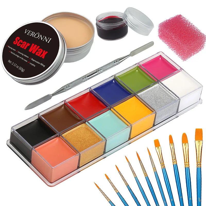 Professional SFX Makeup Kit - 12 Color Face and Body Paint, Oil-Based Special Effects for Halloween, Wound and Scar Wax, Fake Scab, Blood, and Spatula Included