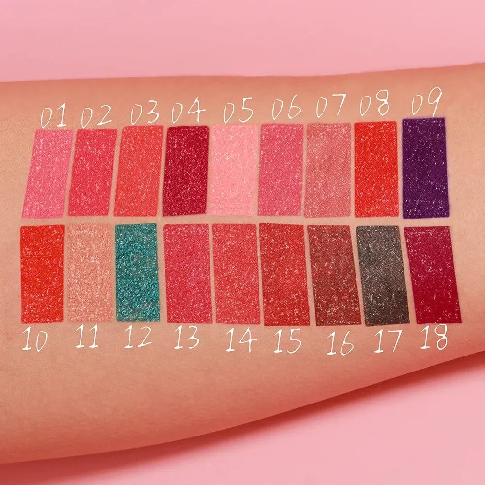 18-Color Metallic Waterproof Lip Gloss Set with Long-Lasting Matte and Shimmer Finishes for Women