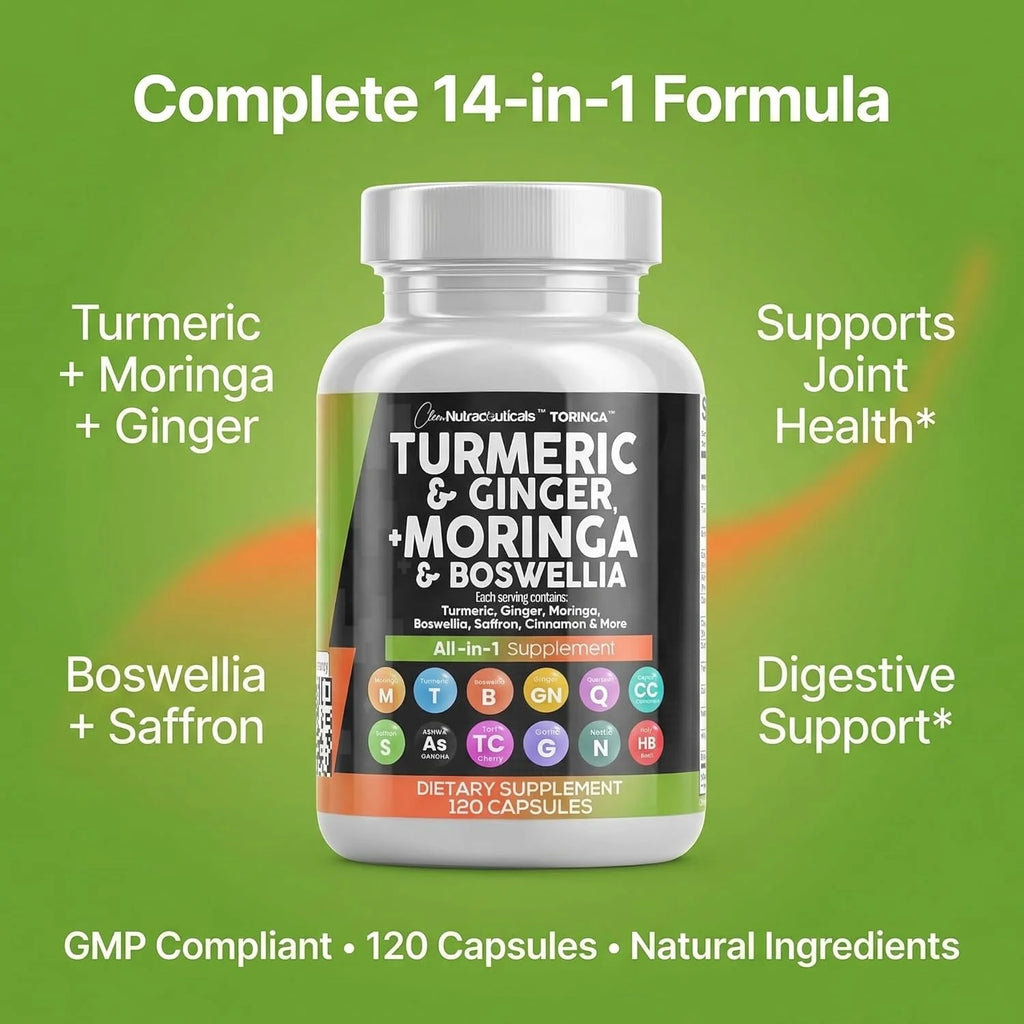 Turmeric and Moringa Supplement with Ginger, Boswellia, and Saffron - Comprehensive Formula for Men and Women Featuring Ceylon Cinnamon, Tart Cherry, Quercetin, Garlic, Nettle, and Holy Basil - 1 Pack