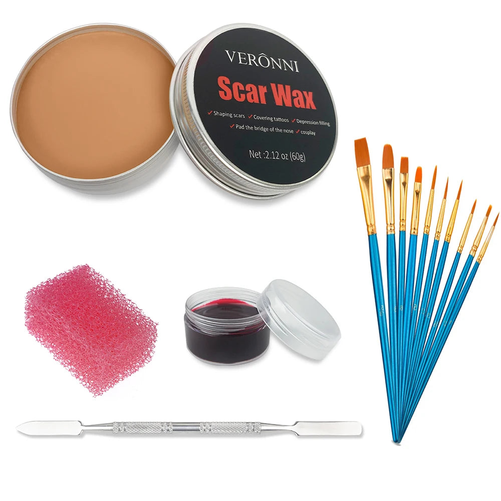 Professional SFX Makeup Kit - 12 Color Face and Body Paint, Oil-Based Special Effects for Halloween, Wound and Scar Wax, Fake Scab, Blood, and Spatula Included