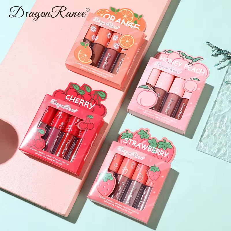 Velvet Matte Lip Gloss Set - 3 or 4 Pieces, Long-Lasting, Non-Fading, Non-Stick Cup, Fruit Scented, Smooth and Lightweight Formula