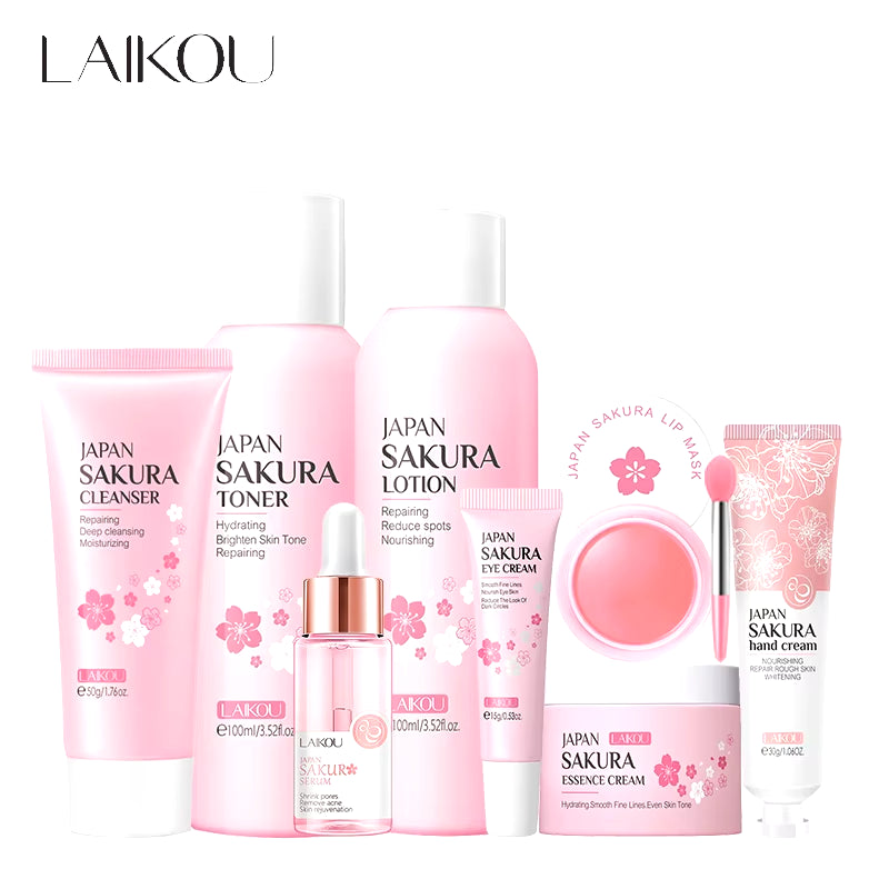 8-Piece Sakura Facial Skin Care Set: Moisturizing Serum, Nourishing Cream, Soothing Lip Balm, and Hand Cream for Enhanced Beauty and Care