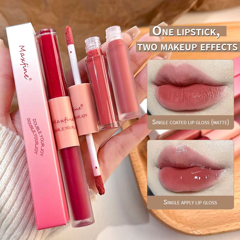 Double-Ended Lip Glaze: Full Gloss and Matte Velvet Finish for Long-Lasting Color and Hydration, Anti-Stain Cosmetic Lip Gloss