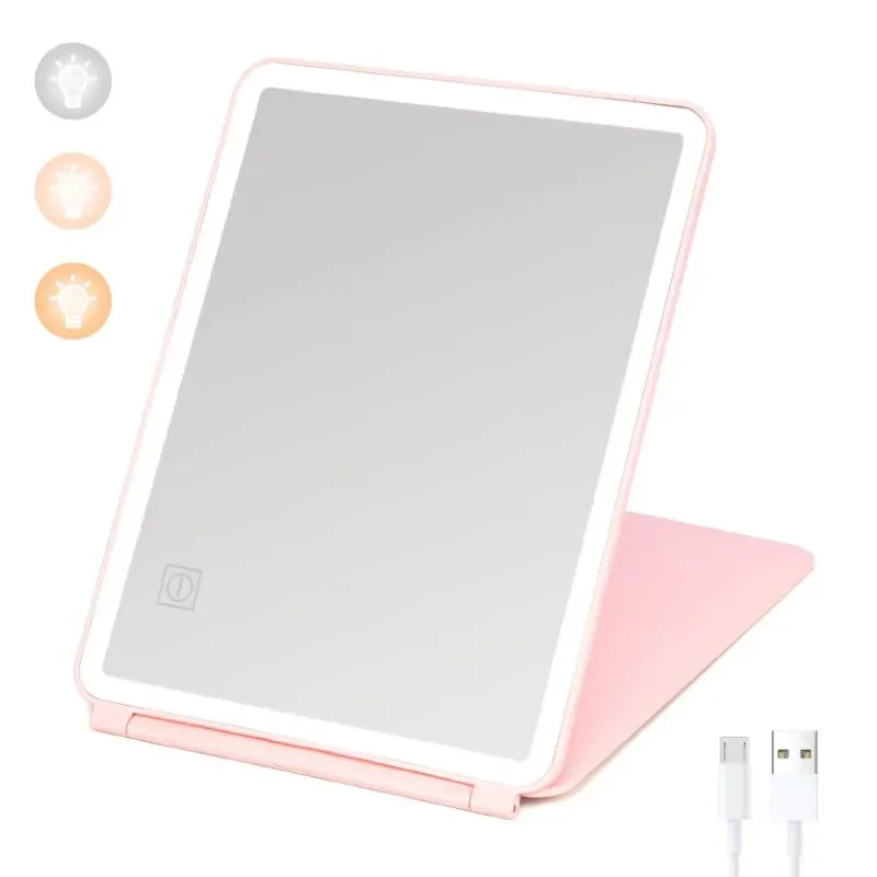 Portable LED Lighted Vanity Makeup Mirror with Touch Screen Dimming and Three Color Settings - Folding Cosmetic Travel Mirror and Large Table Mirror