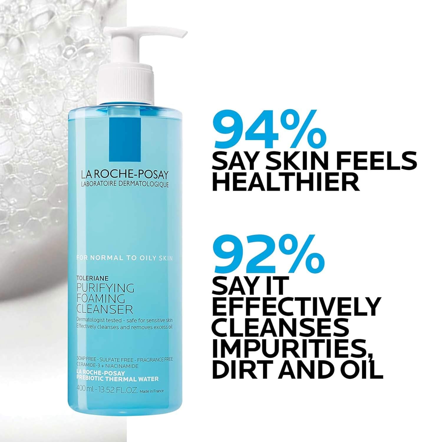 Toleriane Purifying Foaming Facial Cleanser - Oil-Free Face Wash for All Skin Types with Niacinamide and Ceramides, Gentle Pore Cleanser for Sensitive Skin, Soap-Free Formula