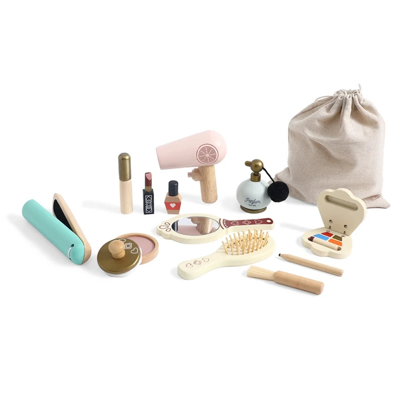 Wooden Pretend Play Makeup Set for Children - Simulation Cosmetics and Hairdressing Toys for Preschoolers