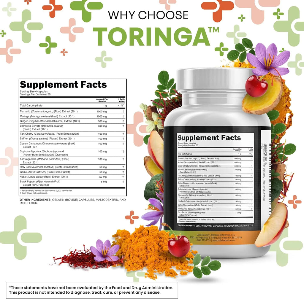 Turmeric and Moringa Supplement with Ginger, Boswellia, and Saffron - Comprehensive Formula for Men and Women Featuring Ceylon Cinnamon, Tart Cherry, Quercetin, Garlic, Nettle, and Holy Basil - 1 Pack