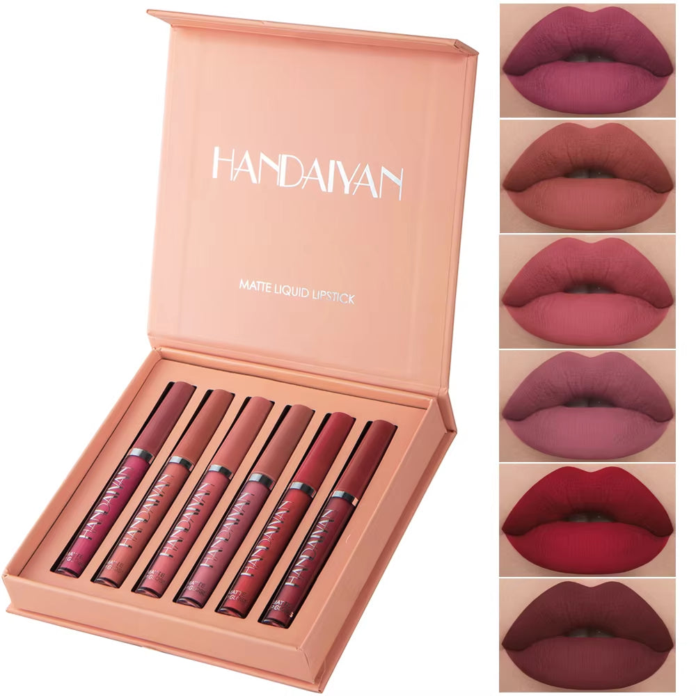 Set of 6 Long-Lasting Nonstick Liquid Lipsticks in Gift Box – Matte Finish Lip Gloss with Fade Resistance
