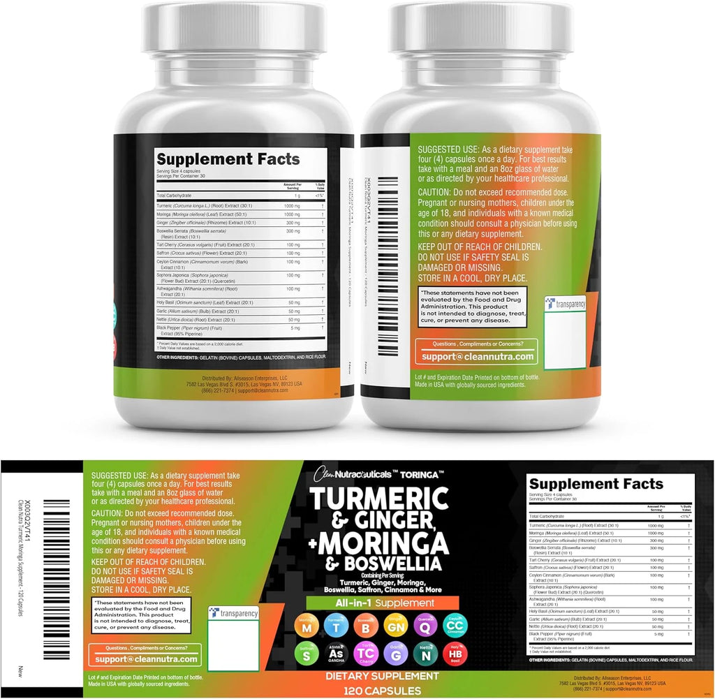 Turmeric and Moringa Supplement with Ginger, Boswellia, and Saffron - Comprehensive Formula for Men and Women Featuring Ceylon Cinnamon, Tart Cherry, Quercetin, Garlic, Nettle, and Holy Basil - 1 Pack