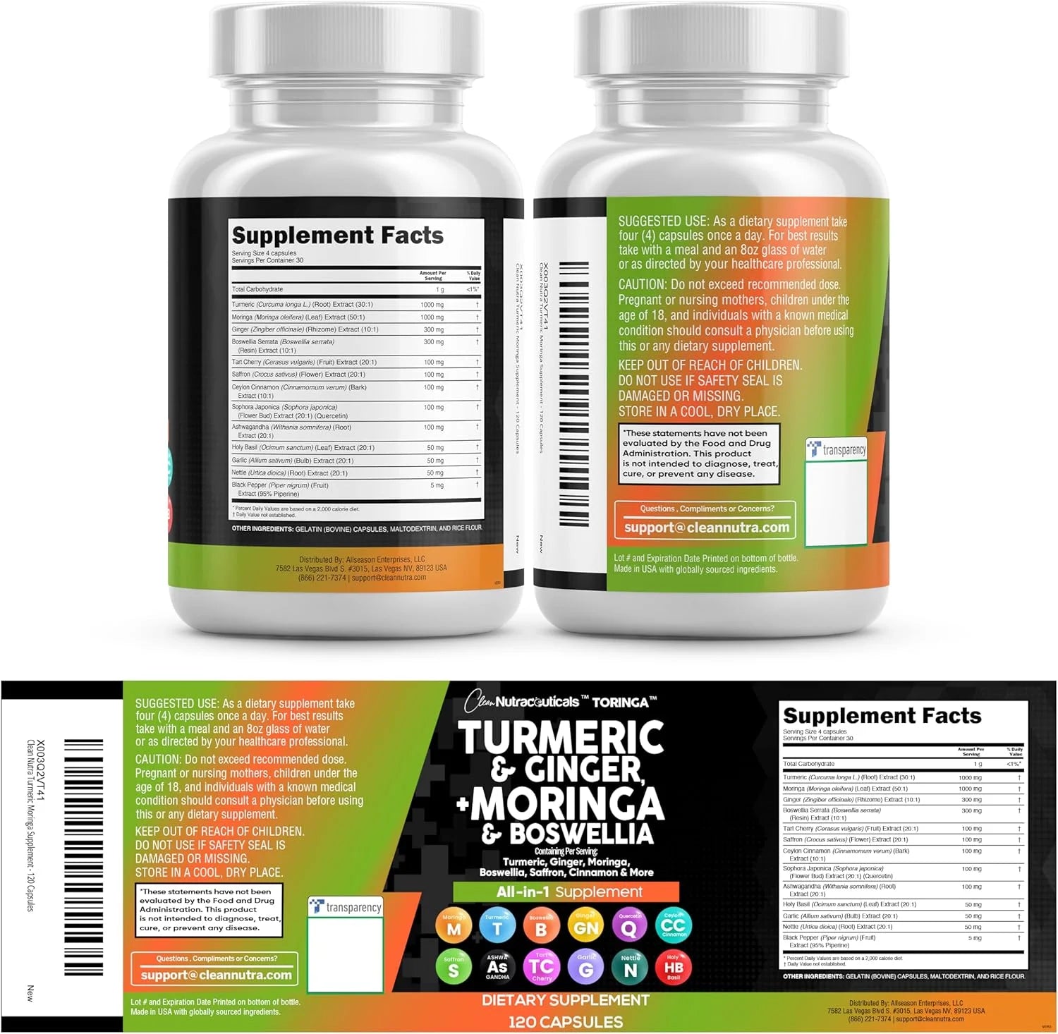 Turmeric and Moringa Supplement with Ginger, Boswellia, and Saffron - Comprehensive Formula for Men and Women Featuring Ceylon Cinnamon, Tart Cherry, Quercetin, Garlic, Nettle, and Holy Basil - 1 Pack