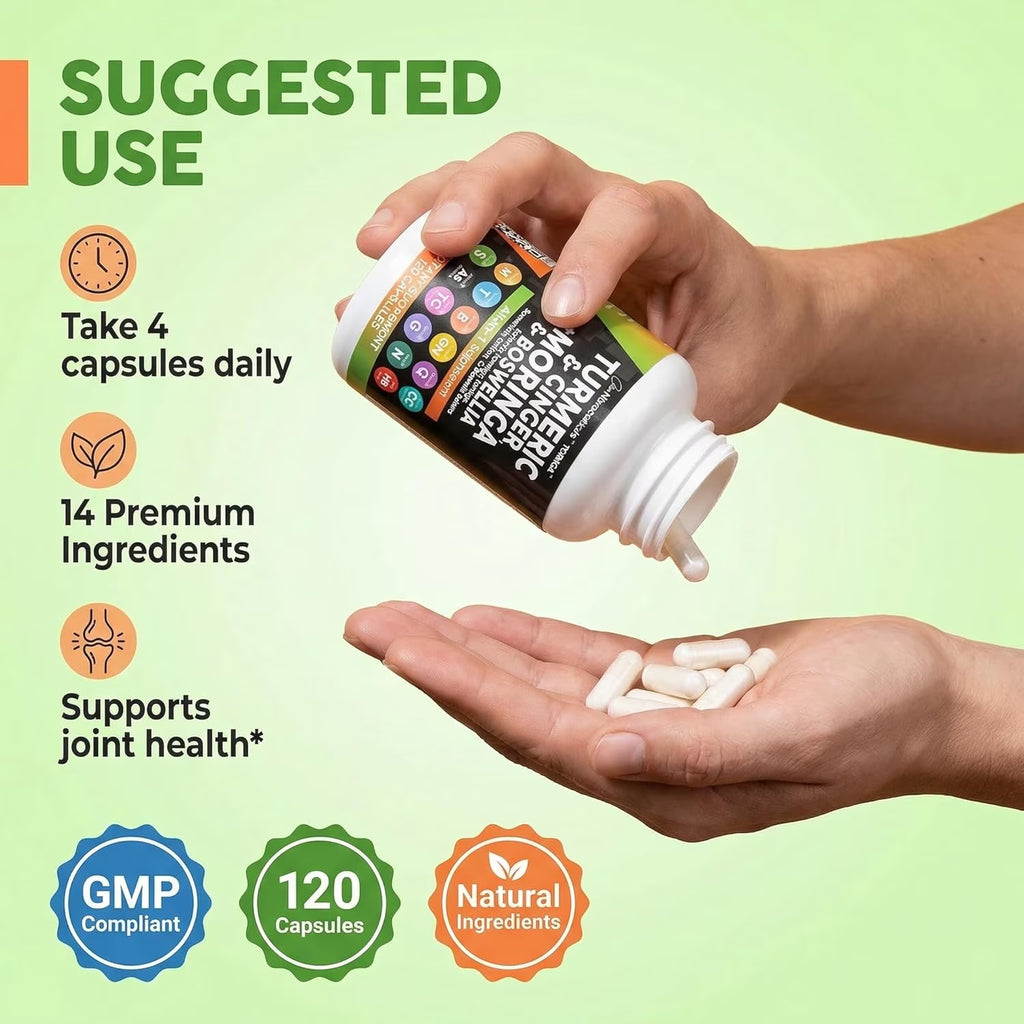 Turmeric and Moringa Supplement with Ginger, Boswellia, and Saffron - Comprehensive Formula for Men and Women Featuring Ceylon Cinnamon, Tart Cherry, Quercetin, Garlic, Nettle, and Holy Basil - 1 Pack