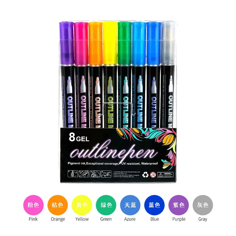 Double-Line Outline Pen Set - Available in 8 to 48 Colors, Fluorescent Metal Color Markers for DIY Projects and Creative Handbooks