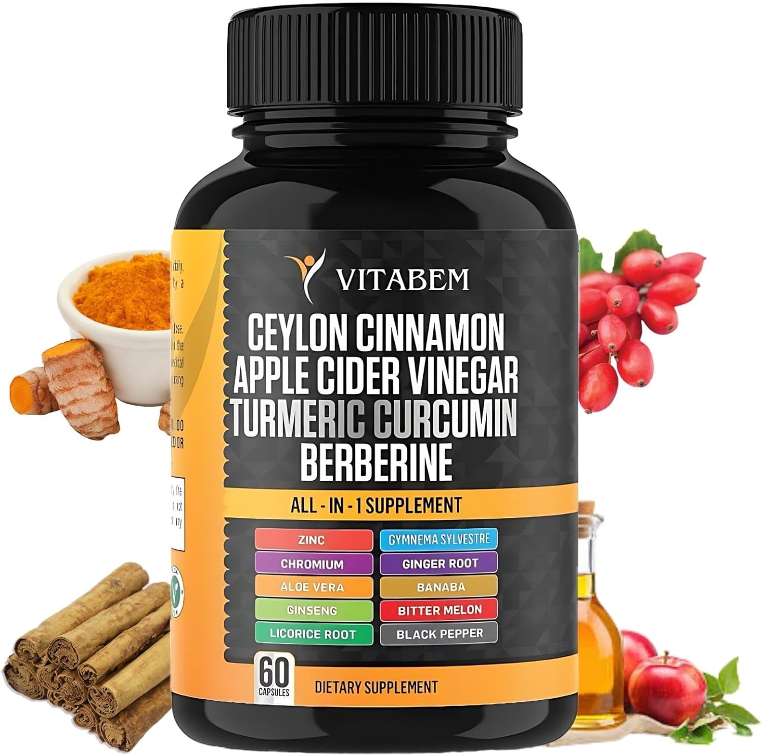Ceylon Cinnamon Capsules 3000Mg Turmeric 3000Mg Apple Cider Vinegar 3000 Mg Ginseng 2000Mg Aloe Vera 2000Mg Berberine Supplement 1200Mg + Banaba | Bitter Melon | Gymnema | Ginger Root - 60 Count