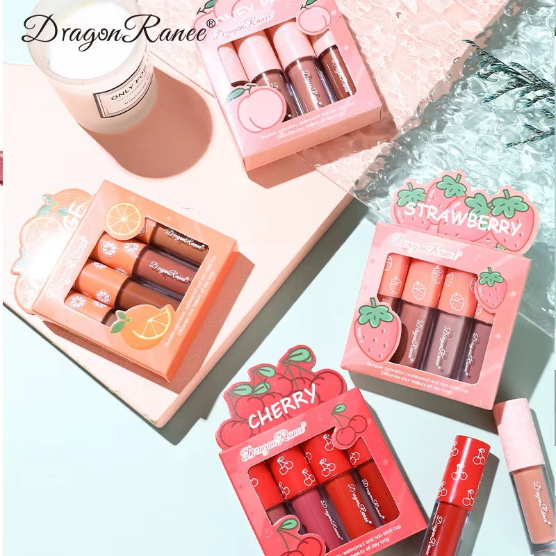 Velvet Matte Lip Gloss Set - 3 or 4 Pieces, Long-Lasting, Non-Fading, Non-Stick Cup, Fruit Scented, Smooth and Lightweight Formula