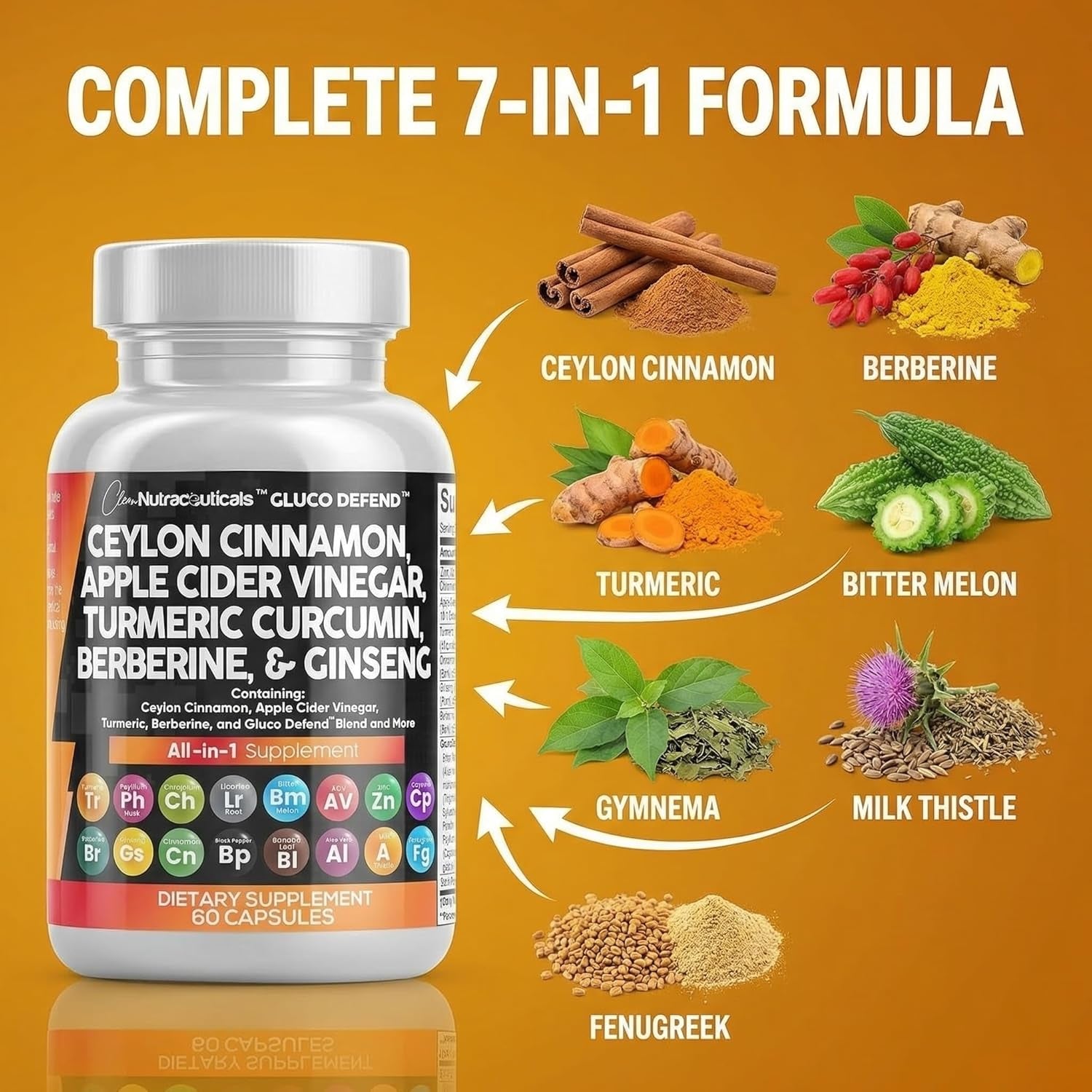 Ceylon Cinnamon Capsules + Berberine Turmeric Apple Cider Vinegar Ginseng Bitter Melon Gymnema Milk Thistle Fenugreek Supplement Pills Powder for Men & Women