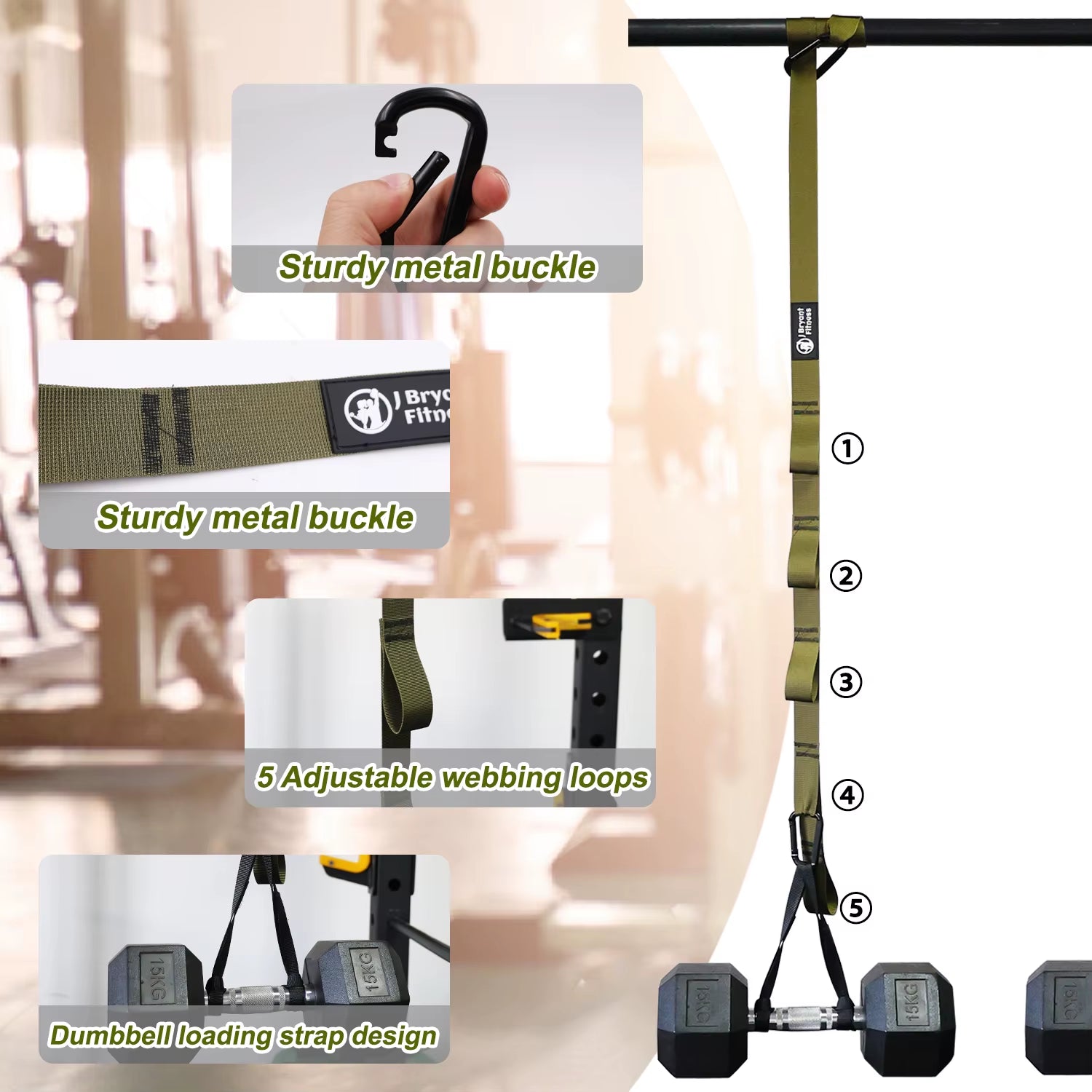 Adjustable Dumbbell Spotter Straps for Secure Barbell Rack Attachment and Chest Bench Press Safety