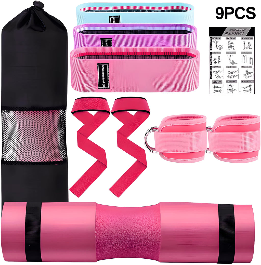 Barbell Pad Set - 9-Piece Complete Kit with Squat Pad, Ankle Straps, Hip Resistance Bands, Lifting Straps, and Carry Bag - Black