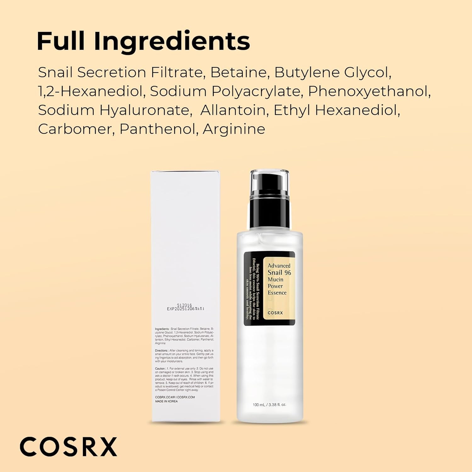 Snail Mucin 96% Repairing and Hydrating Serum for Dull Skin and Fine Lines, 100ml, Korean Skincare