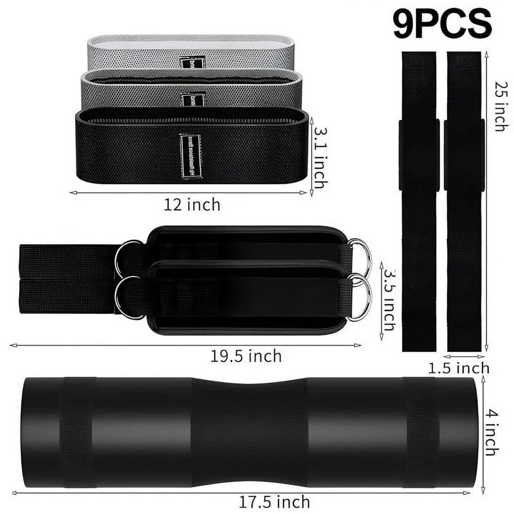 Barbell Pad Set - 9-Piece Complete Kit with Squat Pad, Ankle Straps, Hip Resistance Bands, Lifting Straps, and Carry Bag - Black