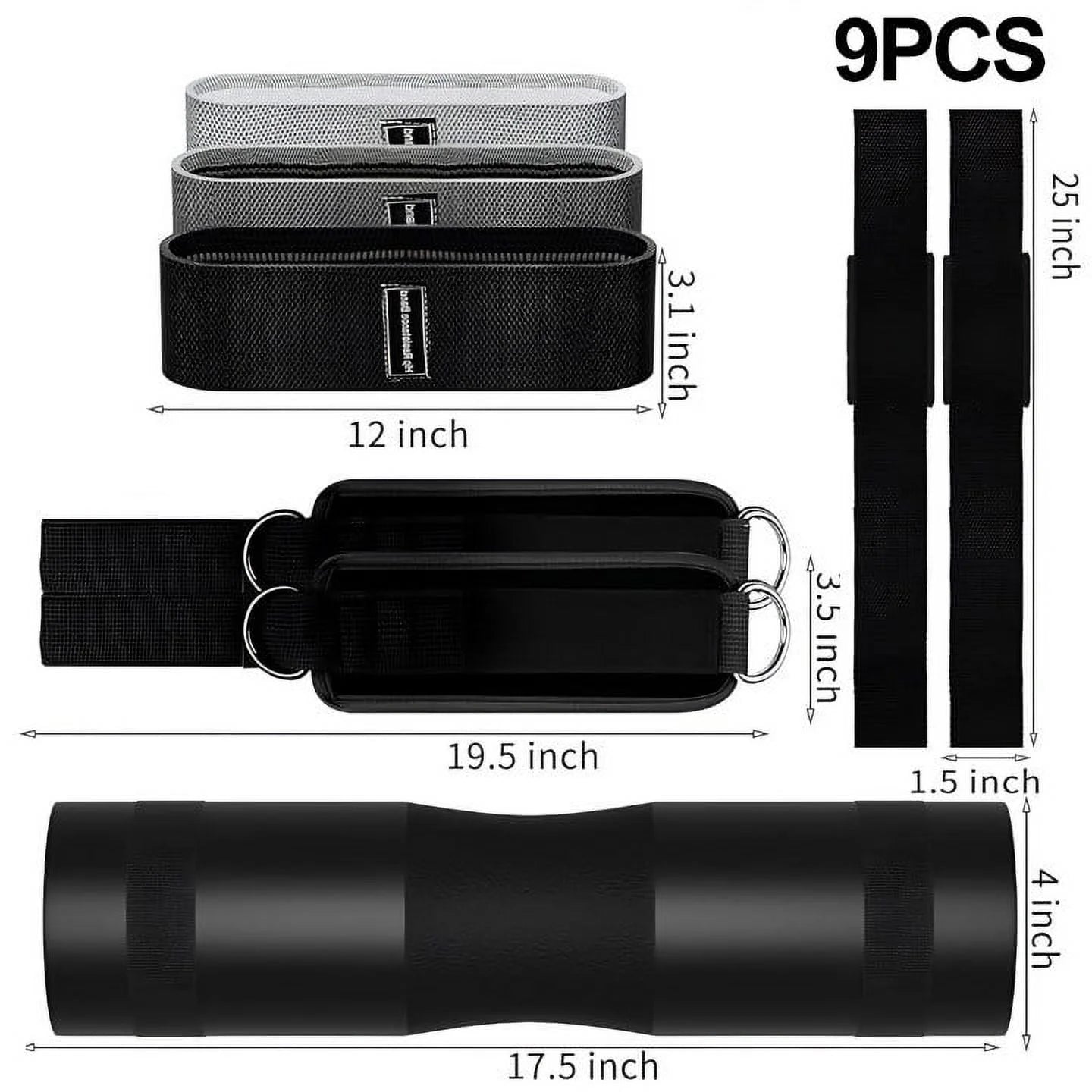 Barbell Pad Set - 9-Piece Complete Kit with Squat Pad, Ankle Straps, Hip Resistance Bands, Lifting Straps, and Carry Bag - Black