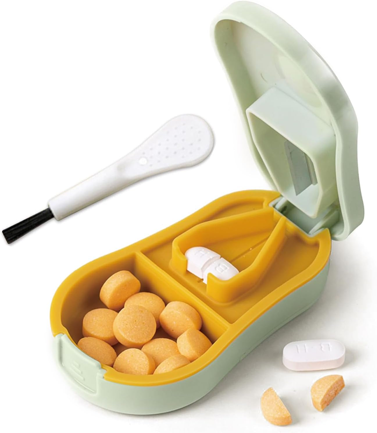 Pill Cutter Splitter for Small and Tiny Pills - Pill Cutter 1/4 - Accurately Cuts Multiple Pills - Easy Open Snap Button. Detachable Nonslip V-Shaped Pad. Wrap-Around Blade Guard. Back Storage (Cyan) | Sliding Back Storage, Pill Cutter 1/4, Accurately Cut