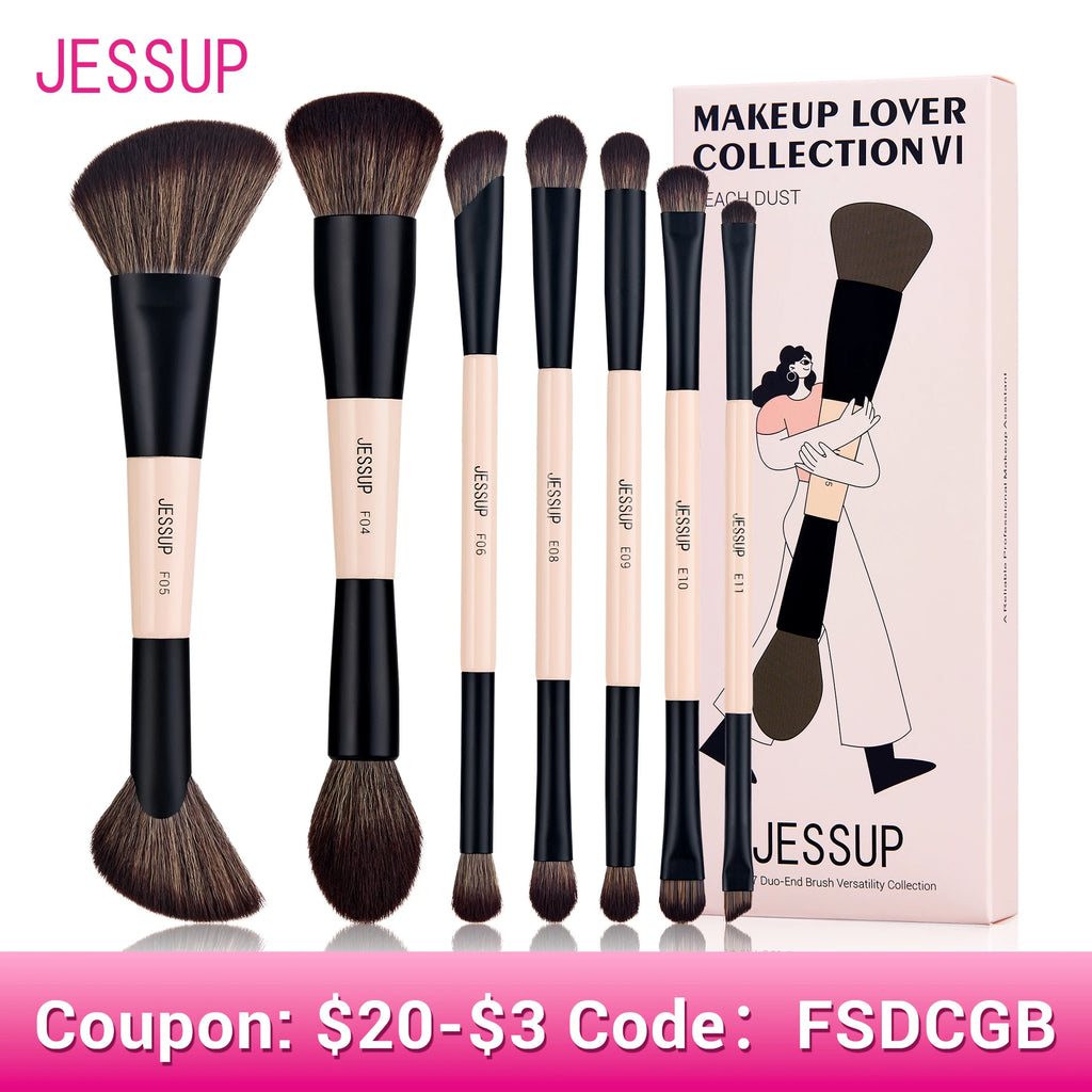 Double-Sided Makeup Brush Set - 3/5/7 Pieces for Foundation, Eyeshadow, and Powder Blending - Cruelty-Free Peach Dust T600