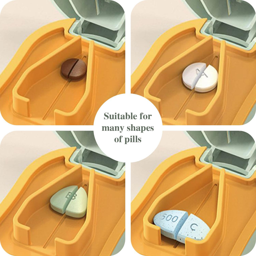 Pill Cutter Splitter for Small and Tiny Pills - Pill Cutter 1/4 - Accurately Cuts Multiple Pills - Easy Open Snap Button. Detachable Nonslip V-Shaped Pad. Wrap-Around Blade Guard. Back Storage (Cyan) | Sliding Back Storage, Pill Cutter 1/4, Accurately Cut