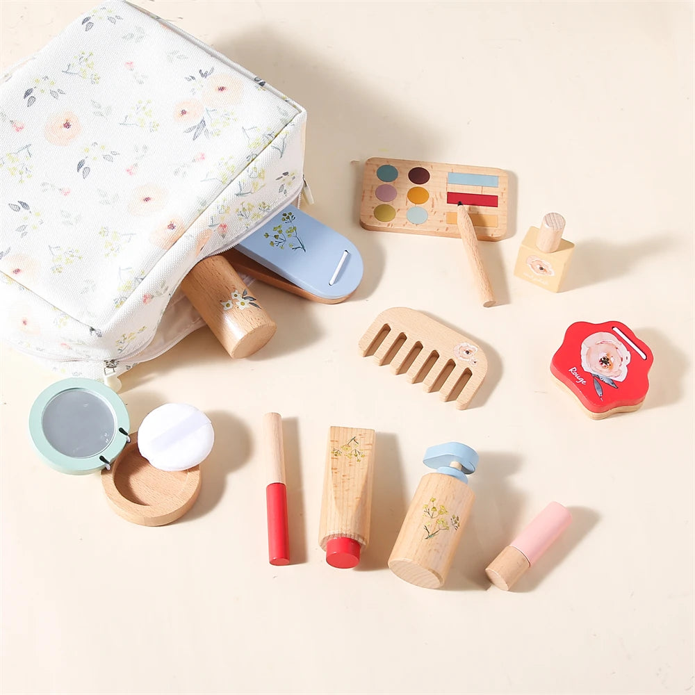 Wooden Pretend Play Makeup Set for Children - Simulation Cosmetics and Hairdressing Toys for Preschoolers
