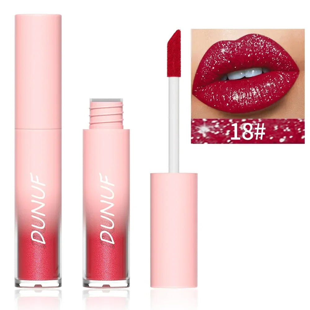 18-Color Metallic Waterproof Lip Gloss Set with Long-Lasting Matte and Shimmer Finishes for Women