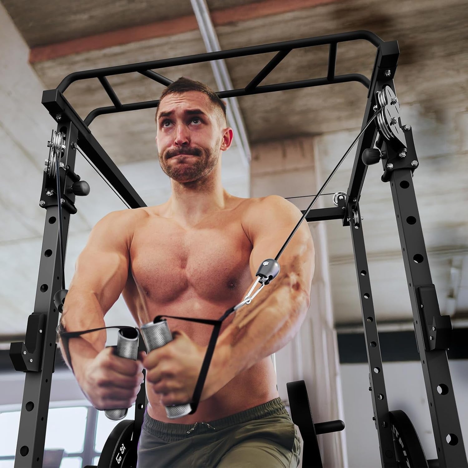 Premium Home Gym Bundle: 1200LBS Power Cage PPC03/P3 with Cable Crossover System, Adjustable Weight Bench, and Olympic Barbell Weight Set for Complete Full Body Training