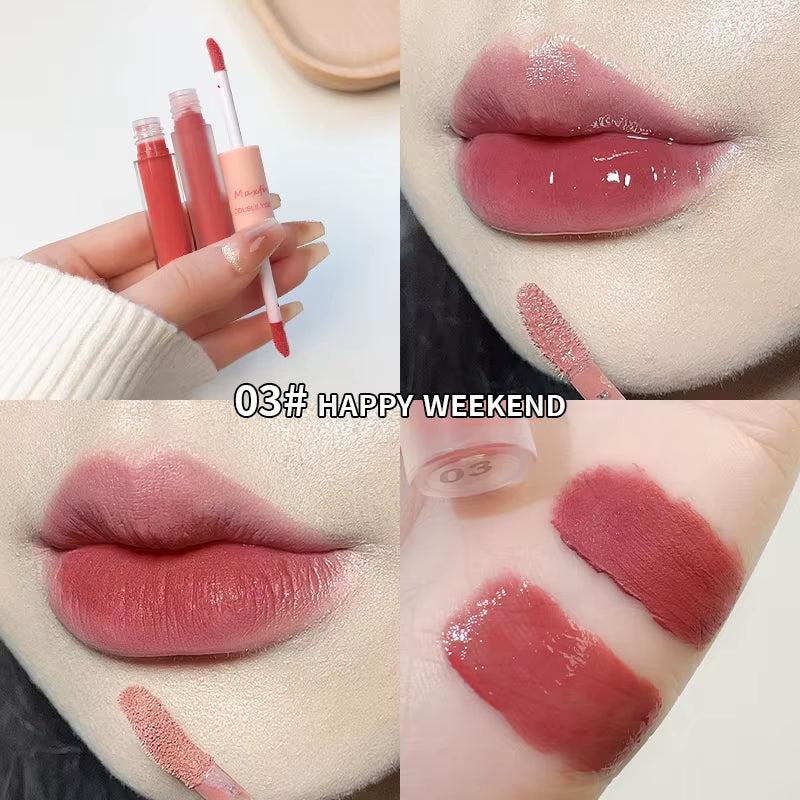 Double-Ended Lip Glaze: Full Gloss and Matte Velvet Finish for Long-Lasting Color and Hydration, Anti-Stain Cosmetic Lip Gloss