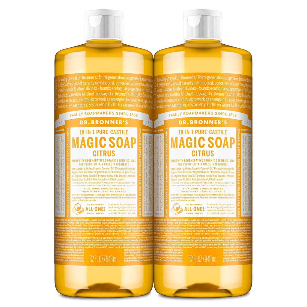 Magic Soap Pure Castile Liquid Soap - Citrus Scent (32 oz, 2-Pack) - Regenerative Organic Certified Oils, 18-in-1 Versatility for Body, Hair, Laundry, Pets, and Dishes, Concentrated Formula, Vegan, Non-GMO