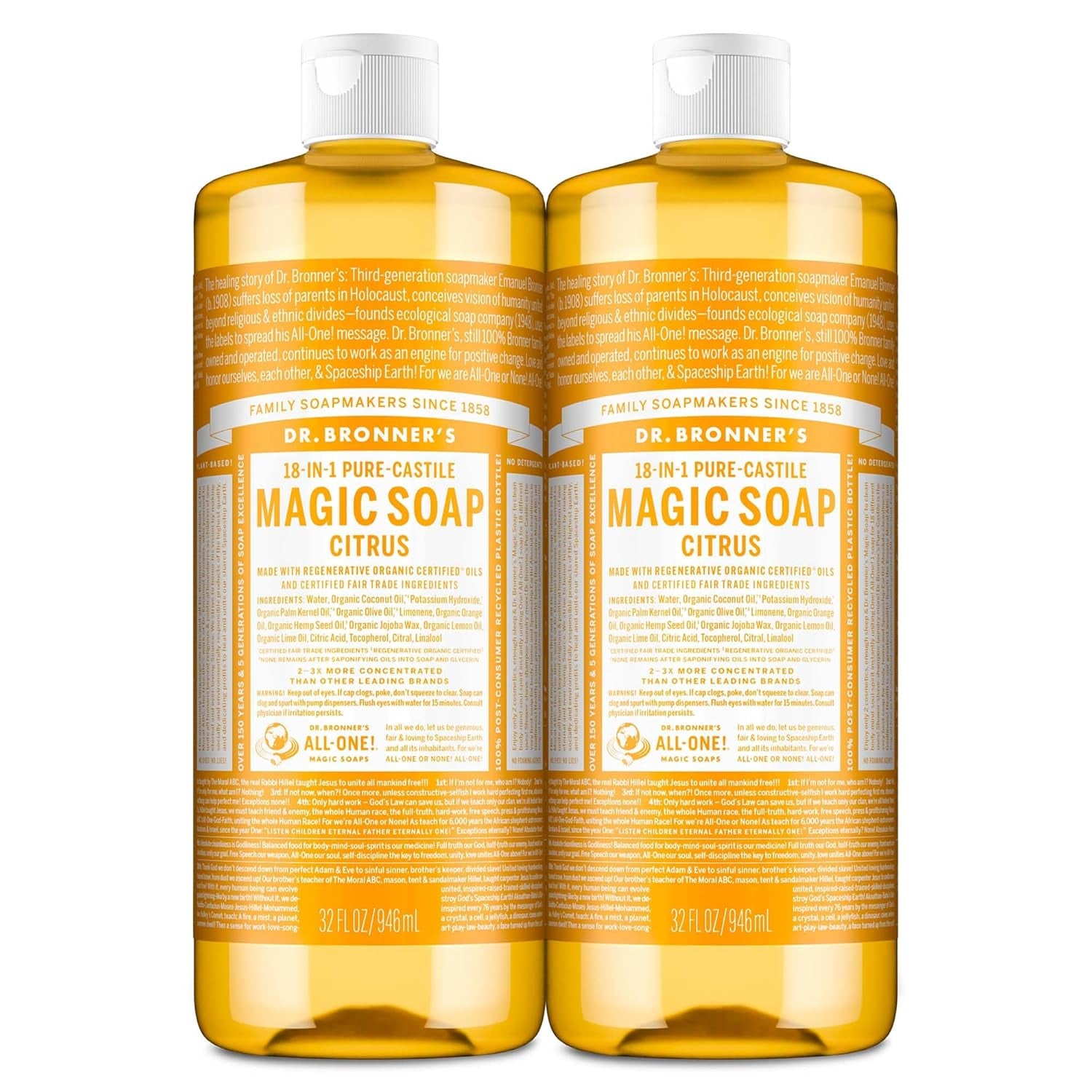 Magic Soap Pure Castile Liquid Soap - Citrus Scent (32 oz, 2-Pack) - Regenerative Organic Certified Oils, 18-in-1 Versatility for Body, Hair, Laundry, Pets, and Dishes, Concentrated Formula, Vegan, Non-GMO
