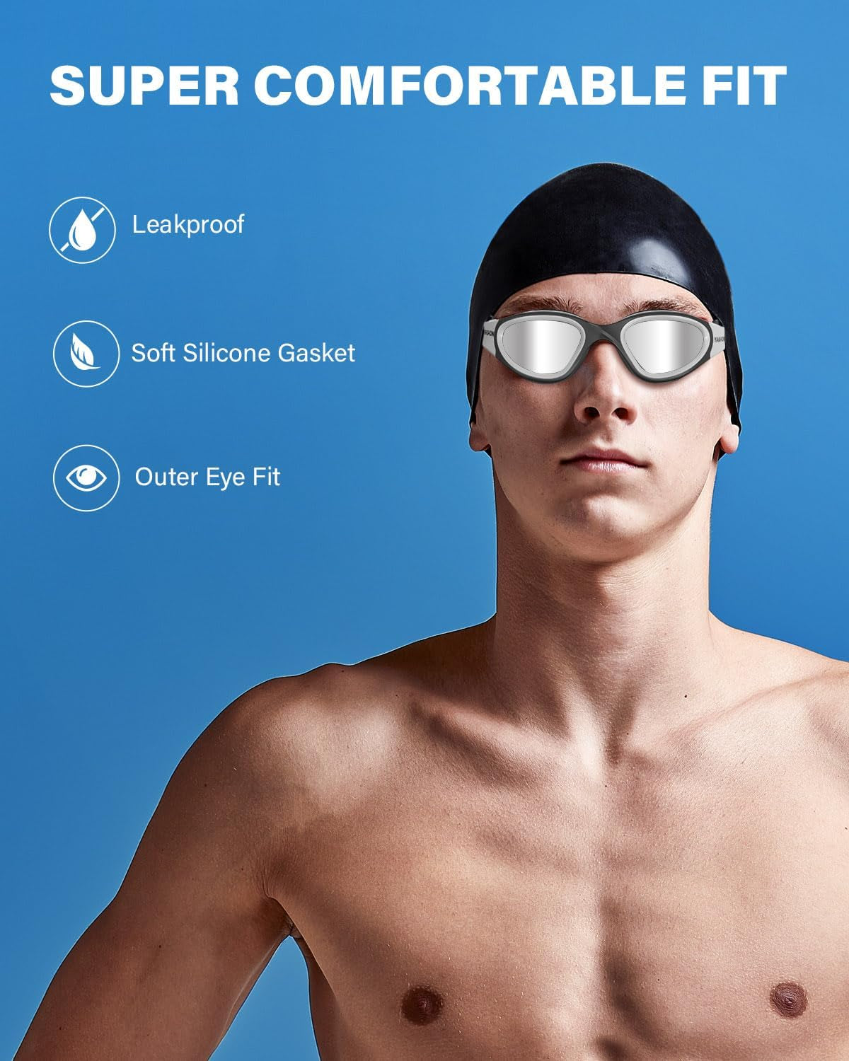 Premium Adult Swimming Goggles with UV Protection, Anti-Glare, Anti-Fog, Anti-Leak Design, and Silicone Strap - Clear/Polarized Lenses