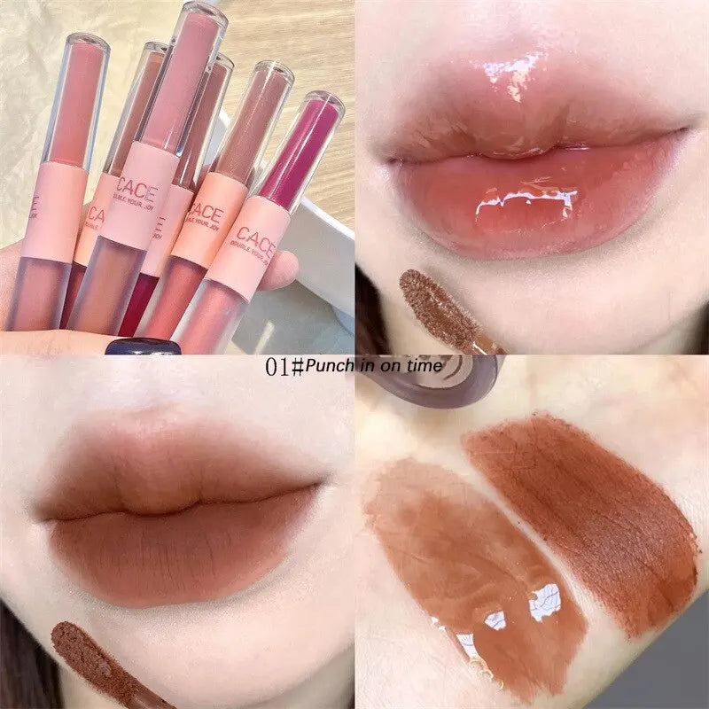 Double-Ended Lip Glaze: Full Gloss and Matte Velvet Finish for Long-Lasting Color and Hydration, Anti-Stain Cosmetic Lip Gloss