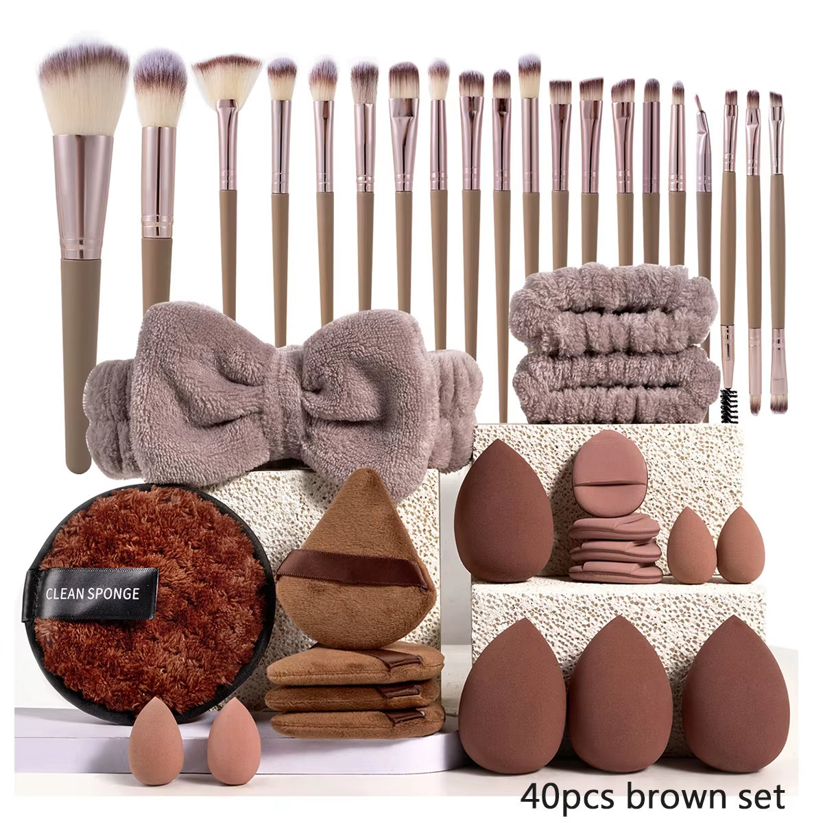 Professional Makeup Brush and Sponge Set with Brown Puff, Beauty Blender, Headband, and Wristband Remover Kit - Ideal Makeup Tools Gift, 20/40 Count