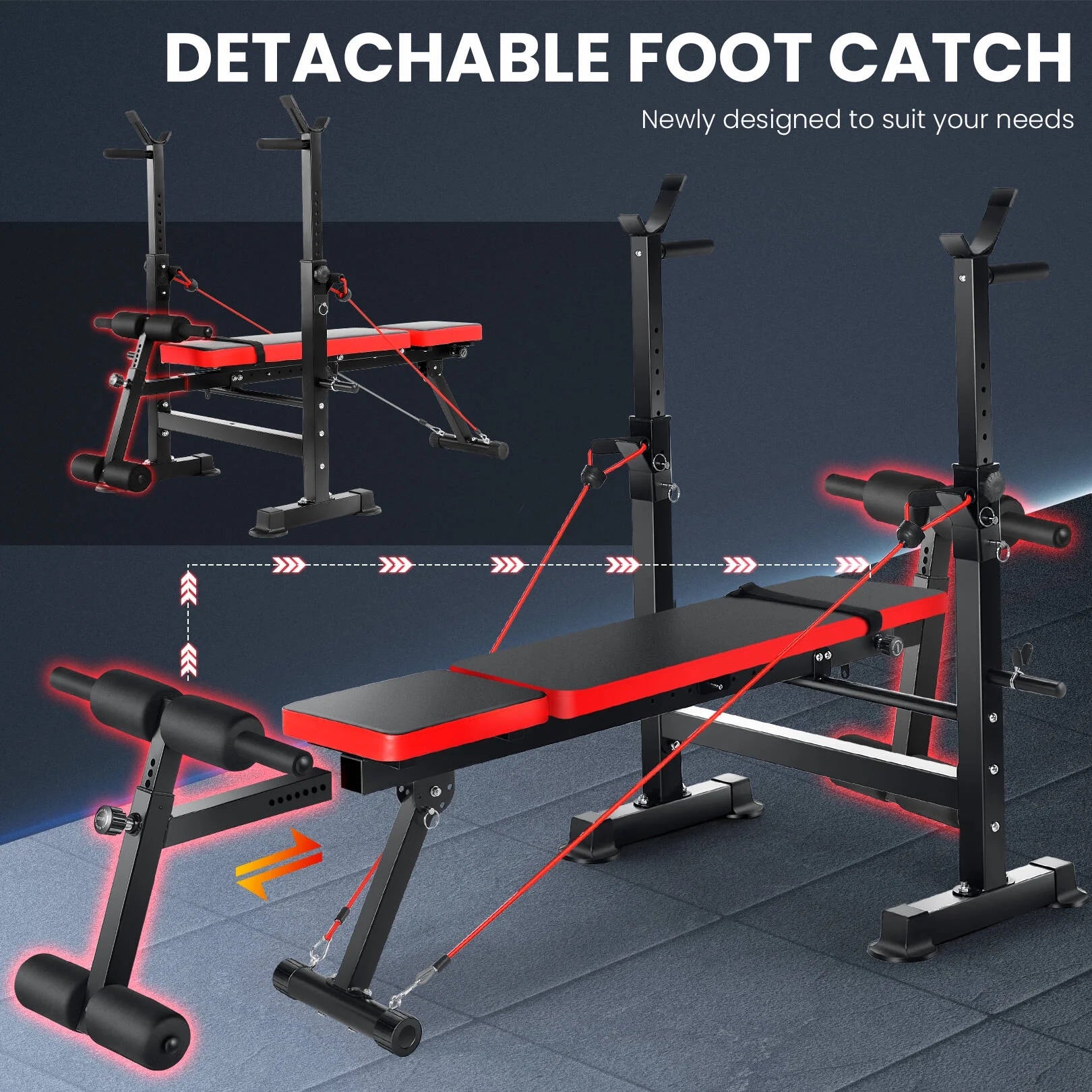 Adjustable 6-in-1 Weight Bench with Barbell Rack and Removable Foot Bracket, Featuring Resistance Bands for Home Gym Workouts