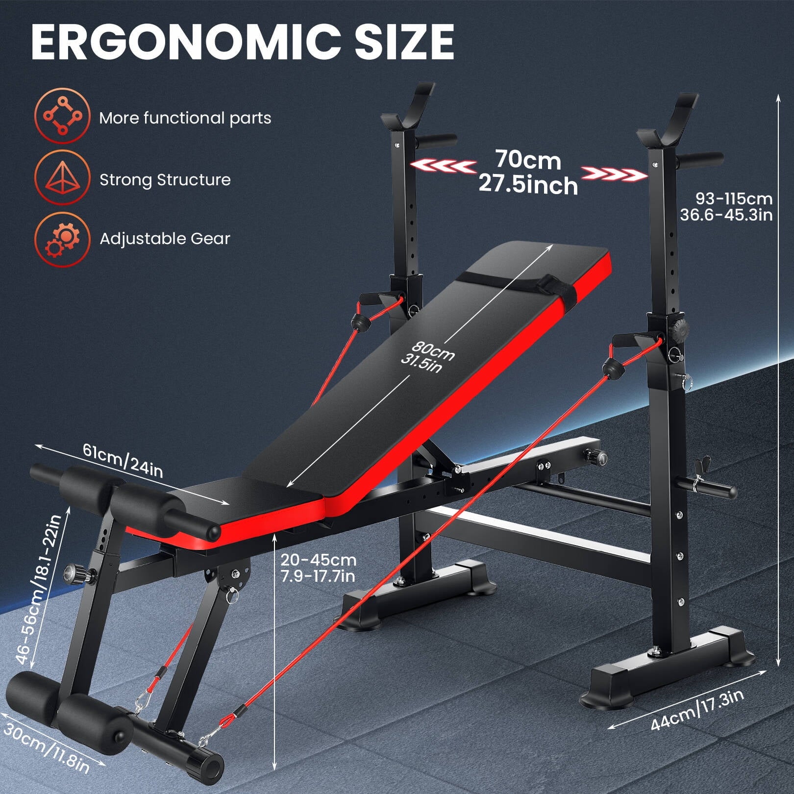 Adjustable 6-in-1 Weight Bench with Barbell Rack and Removable Foot Bracket, Featuring Resistance Bands for Home Gym Workouts