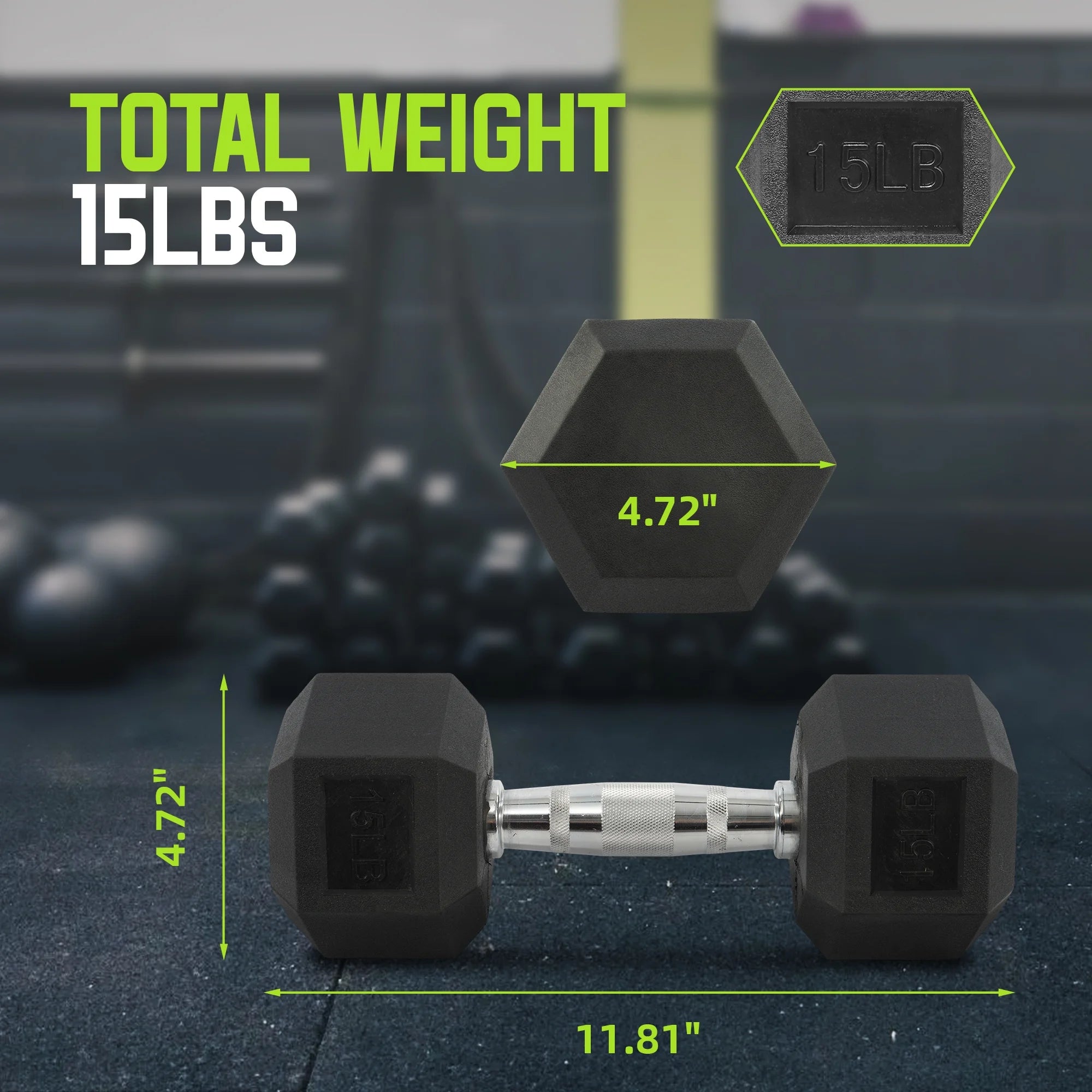 15 lb Hex Dumbbell with Black Rubber Coating